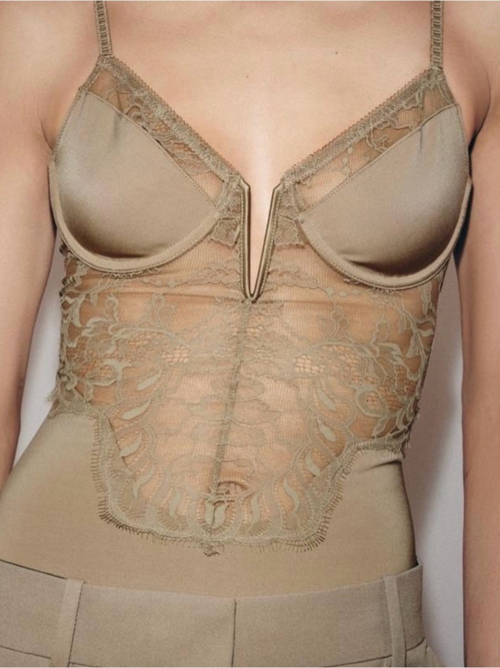 Zara Tan Lace-Trim V-Plunge Bodysuit